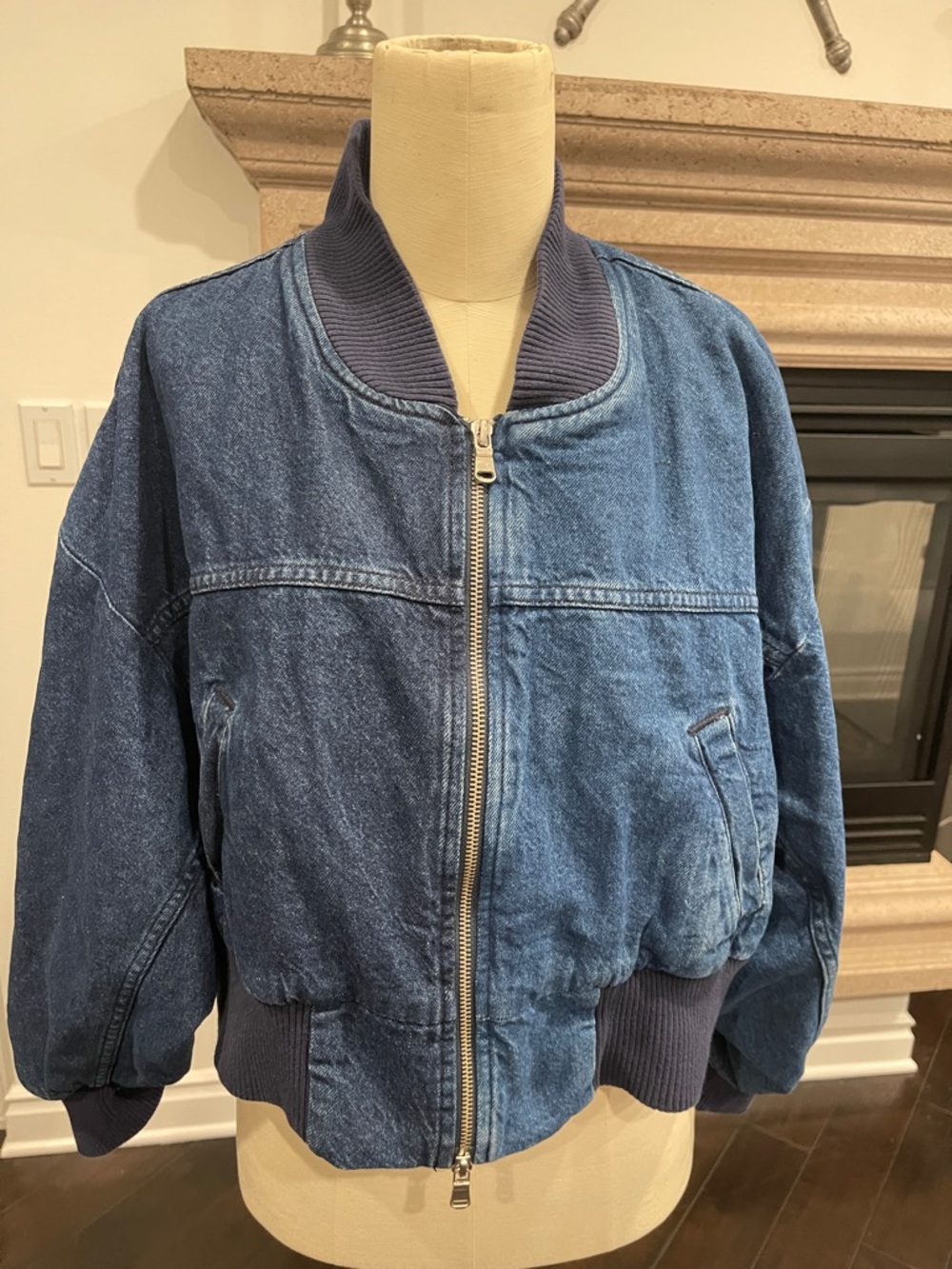 Zara- Denim Bomber Jacket in Two-Tone Blue